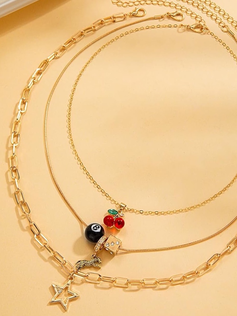 Anthropologie Gold Tone Charm Necklace Set with Red Cherry and Black 8-Ball - Picture 2 of 5
